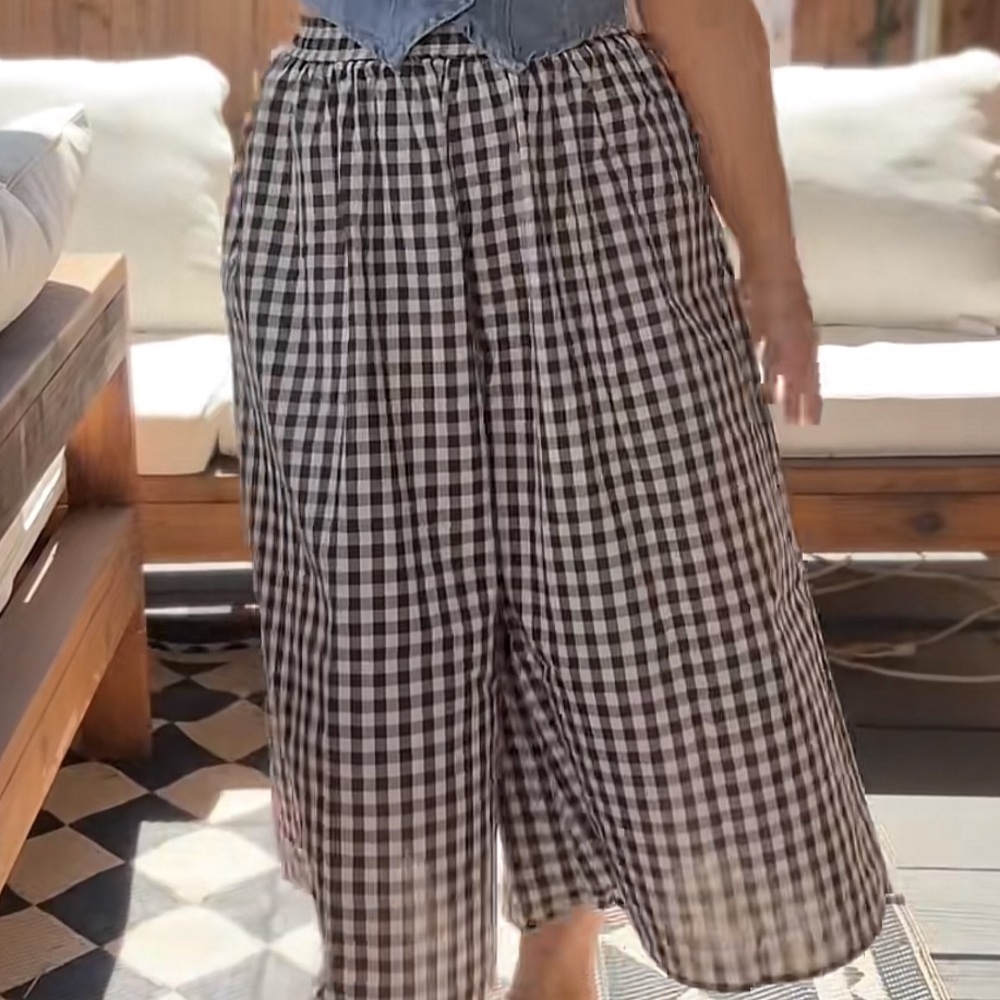 NWOT Linen Brown Gingham Wide Leg Flowey Pants (M/L)